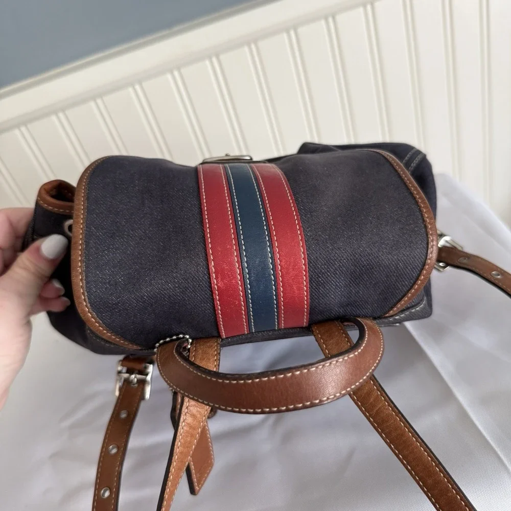 Vintage Coach Denim Blue Chambray Red Brown Leather Trim Backpack Purse 2004